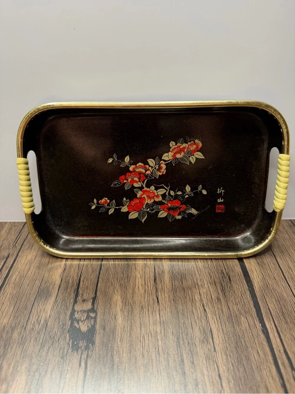Vintage Floral Serving Trays - Black with Red Flower Motif